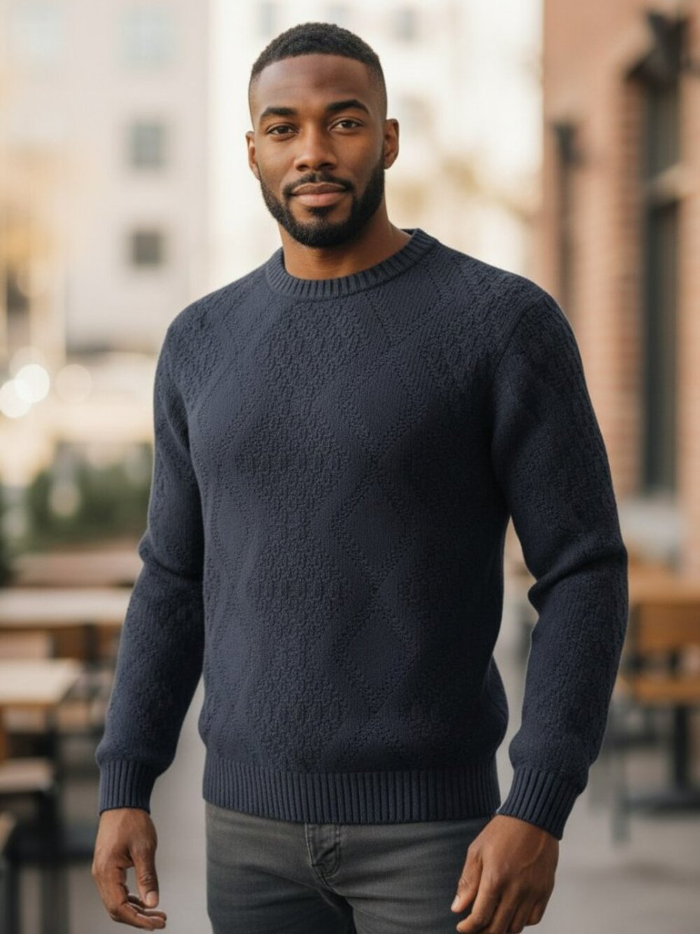 Vintage Men's IOU Navy Textured Crewneck Sweater by 100% Cotton Co.